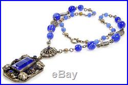 Art Deco Neiger Royal Blue Glass Filigree Czech Lavalier Necklace