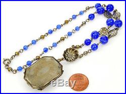 Art Deco Neiger Royal Blue Glass Filigree Czech Lavalier Necklace