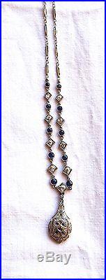 Art Deco Old Cut Brilliant Diamonds & Sapphire Necklace Platinum & Gold 14k