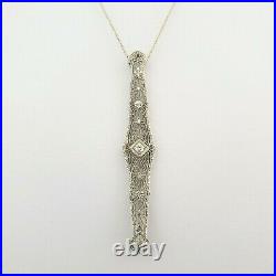 Art Deco Old Euro Cut Diamond 14k Gold Filigree Pendant 10k Chain Necklace 1920s