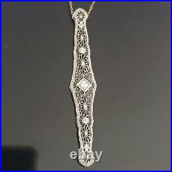 Art Deco Old Euro Cut Diamond 14k Gold Filigree Pendant 10k Chain Necklace 1920s