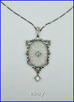 Art Deco Old European Cut Diamond Crystal Pendant Necklace 14 Karat White Gold
