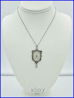 Art Deco Old European Cut Diamond Crystal Pendant Necklace 14 Karat White Gold