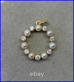Art Deco Old Mine Cut Diamond Pearl Circle Pendant Necklace 14K Gold