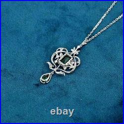 Art Deco Party Wear Emerald & Simulated Diamond Wedding Gift Pendant 925 Silver