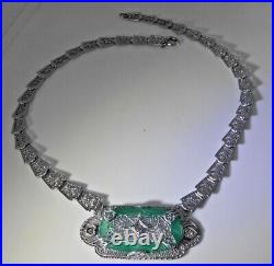 Art Deco Parure Necklace Choker 15 Rhodium Filigree Carved Emerald Paste WOW