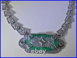 Art Deco Parure Necklace Choker 15 Rhodium Filigree Carved Emerald Paste WOW