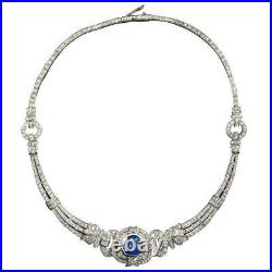 Art Deco Pear Shaped 15.00CT Blue Sapphire & 26CT White CZ 925 Silver Necklace