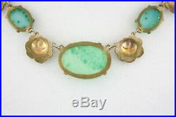 Art Deco Peking Jade Glass Brass Rose Choker Necklace Old Clasp