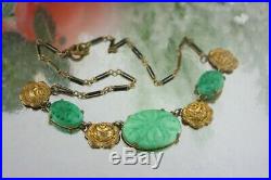 Art Deco Peking Jade Glass Brass Rose Choker Necklace Old Clasp