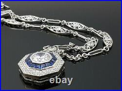 Art Deco Pendant 925 Sterling Silver Hexagon Blue CZ Vintage Style Fine Necklace