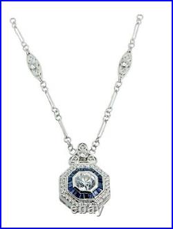 Art Deco Pendant 925 Sterling Silver Hexagon Blue Vintage Style Fine Necklace