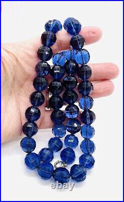 Art Deco Periwinkle Blue Faceted Glass Beaded Necklace On Chain Vintage Jewelry