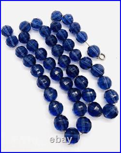 Art Deco Periwinkle Blue Faceted Glass Beaded Necklace On Chain Vintage Jewelry