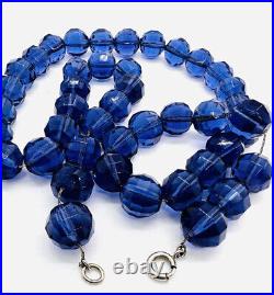 Art Deco Periwinkle Blue Faceted Glass Beaded Necklace On Chain Vintage Jewelry