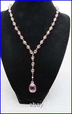 Art Deco Pink Crystal Lavaliere Necklace 22 Long Faceted Bead Linked Tube Catch