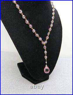 Art Deco Pink Crystal Lavaliere Necklace 22 Long Faceted Bead Linked Tube Catch