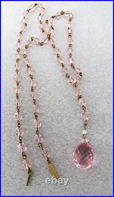 Art Deco Pink Crystal Lavaliere Necklace 22 Long Faceted Bead Linked Tube Catch