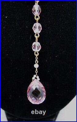 Art Deco Pink Crystal Lavaliere Necklace 22 Long Faceted Bead Linked Tube Catch