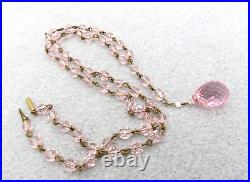 Art Deco Pink Crystal Lavaliere Necklace 22 Long Faceted Bead Linked Tube Catch