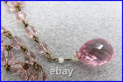 Art Deco Pink Crystal Lavaliere Necklace 22 Long Faceted Bead Linked Tube Catch