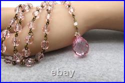 Art Deco Pink Crystal Lavaliere Necklace 22 Long Faceted Bead Linked Tube Catch