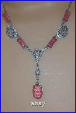 Art Deco Pink Faceted Glass Necklace Delicate Filigree Accents Paper Clip Chain