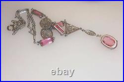 Art Deco Pink Faceted Glass Necklace Delicate Filigree Accents Paper Clip Chain