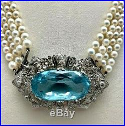 Art Deco Platinum 51.5 CTW Diamond Pearl Aquamarine Choker Necklace Brooch 54 Gr