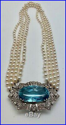 Art Deco Platinum 51.5 CTW Diamond Pearl Aquamarine Choker Necklace Brooch 54 Gr