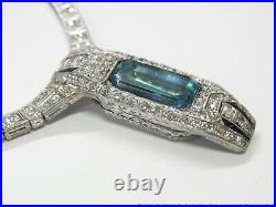 Art Deco Platinum Blue Topaz Sapphire Statement Necklace w 5ctw Fine Diamonds