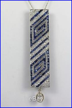 Art Deco Platinum Diamond Sapphire Geometric Brooch Pin Necklace Versital
