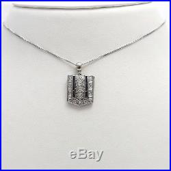 Art Deco Platinum Pavé Mine Cut Diamond Sapphire Pendant Necklace