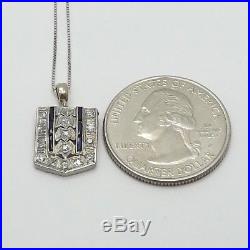 Art Deco Platinum Pavé Mine Cut Diamond Sapphire Pendant Necklace
