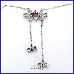 Art Deco Platinum Pink Sapphire Rose Cut Diamond Dangle Lariat Necklace