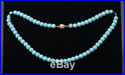 Art Deco Pure Blue Sleeping Beauty Clear Turquoise Round Beads Necklace 14k Gold