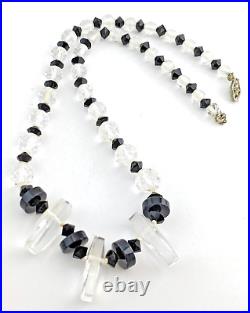 Art Deco Quartz Rock Crystal Necklace Faceted Graduated Beads w 3 Paddle Bead