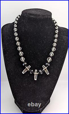 Art Deco Quartz Rock Crystal Necklace Faceted Graduated Beads w 3 Paddle Bead