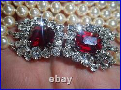 Art Deco RED Rhinestone Czecho Clasp 3strand 6mm Majorca Pearl 18 necklace Mint
