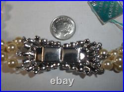 Art Deco RED Rhinestone Czecho Clasp 3strand 6mm Majorca Pearl 18 necklace Mint