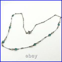 Art Deco Rare Platinon Enamel Green Crystal Seed Pearl Necklace 16 inch