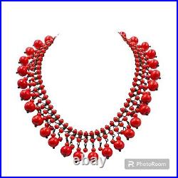 Art Deco Retro Red Glass Fringe Collar Bib Necklace