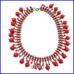 Art Deco Retro Red Glass Fringe Collar Bib Necklace