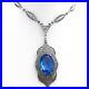 Art Deco Rhodium Blue Glass Pendant Necklace 15 To 17in