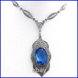 Art Deco Rhodium Blue Glass Pendant Necklace 15 To 17in