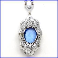 Art Deco Rhodium Blue Glass Pendant Necklace 15 To 17in