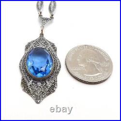 Art Deco Rhodium Blue Glass Pendant Necklace 15 To 17in