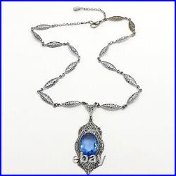 Art Deco Rhodium Blue Glass Pendant Necklace 15 To 17in