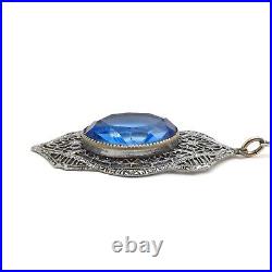 Art Deco Rhodium Blue Glass Pendant Necklace 15 To 17in