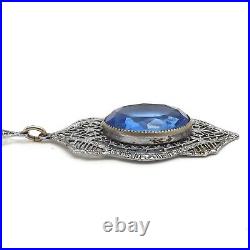 Art Deco Rhodium Blue Glass Pendant Necklace 15 To 17in